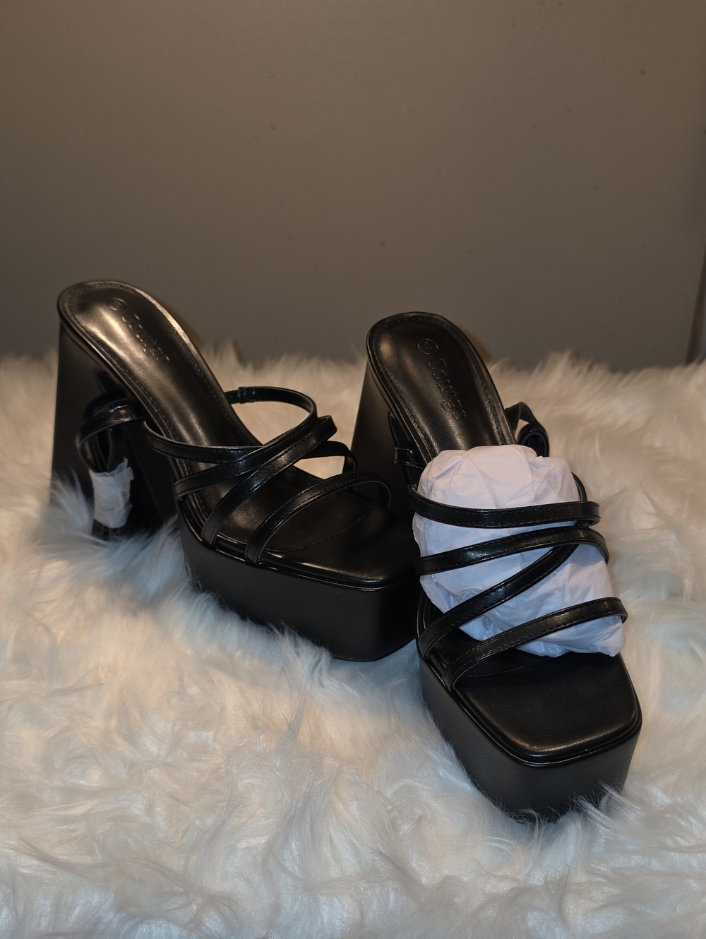 Black Strappy Platform Mule - Women's Chunky Heel